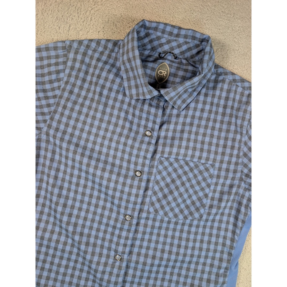 Club Ride Womens Blue Gingham Plaid Pearl Snap Cycling Jersey Shirt Size S